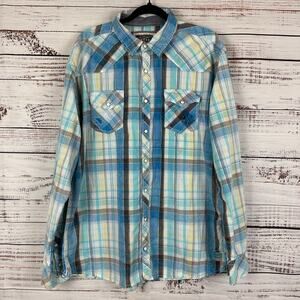 Mens BKE Vintage Athletic Fit Blue Plaid Distressed Pearl Snap Shirt Western XL